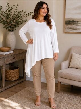Halogen Ivory Asymmetrical Tunic Long Sleeve Boatneck Draped Top